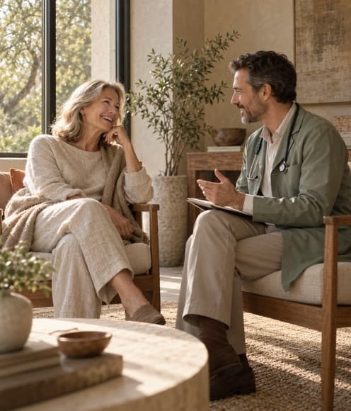 Physician and member in conversation by a window