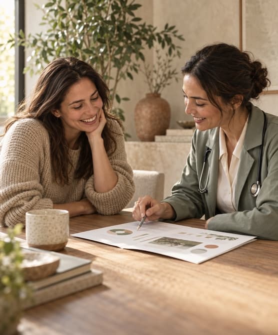 Member laughing with her physician in a bright clinic