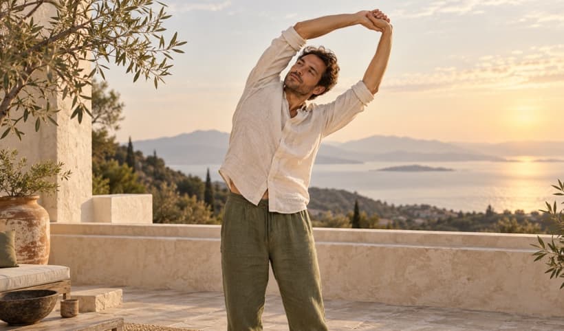 Woman stretching on a terrace in morning light