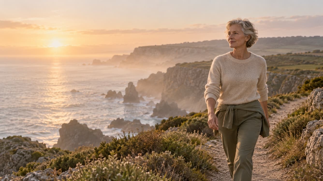 Woman walking along a coastal path at sunrise