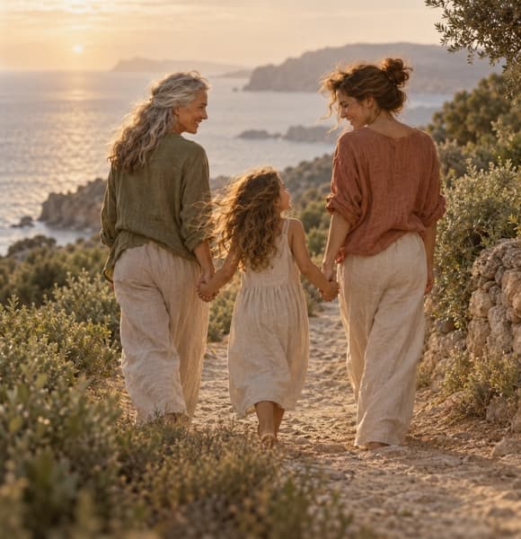 Three generations walking together at golden hour