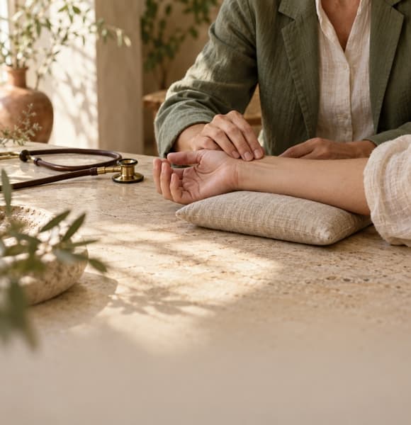 Physician's hands resting on a patient's wrist