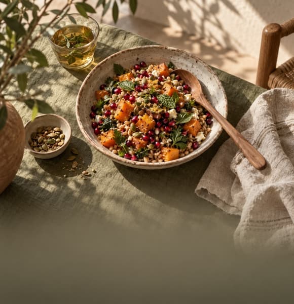 Seasonal grain bowl on a linen table