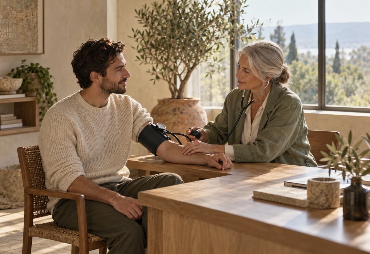Physician taking a patient's blood pressure in a sunlit consulting room