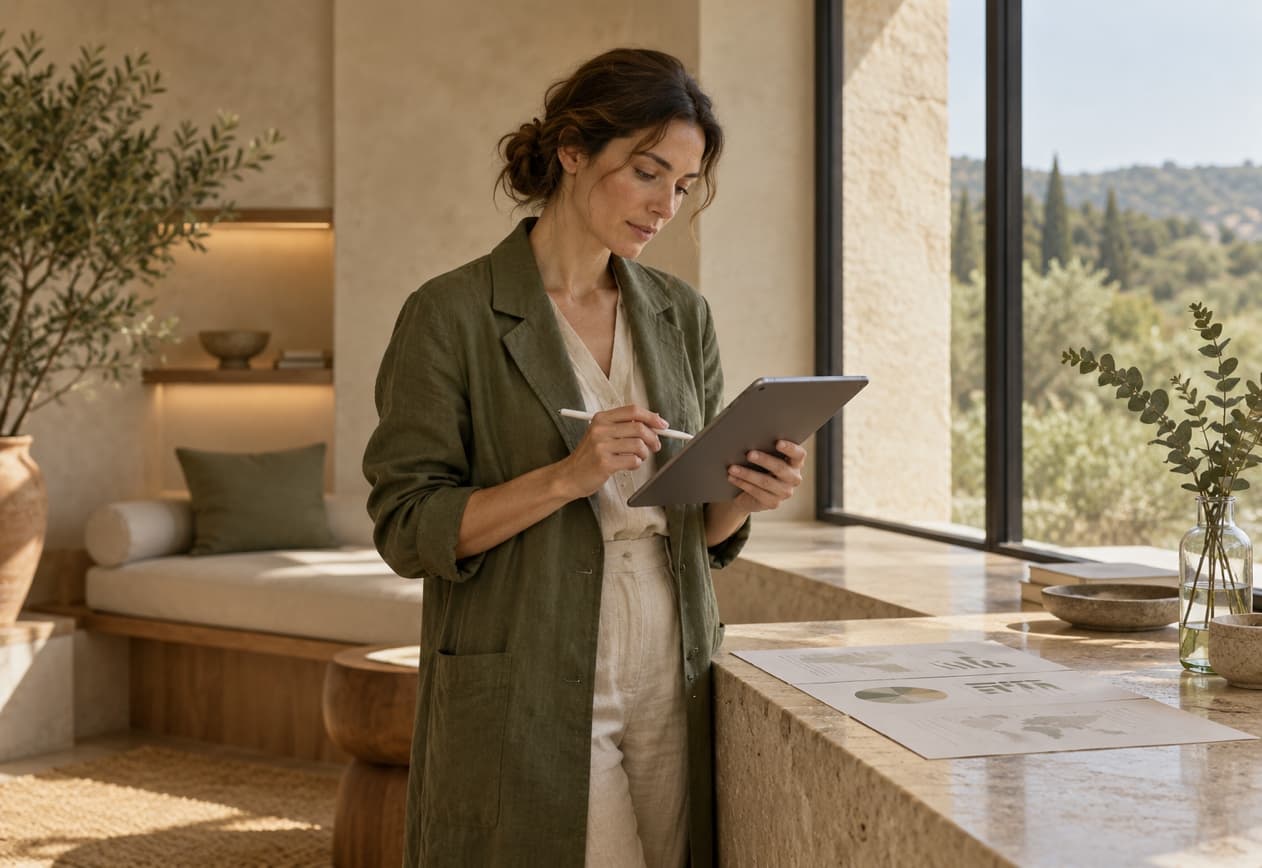 Clinician reviewing results on a tablet beside a window