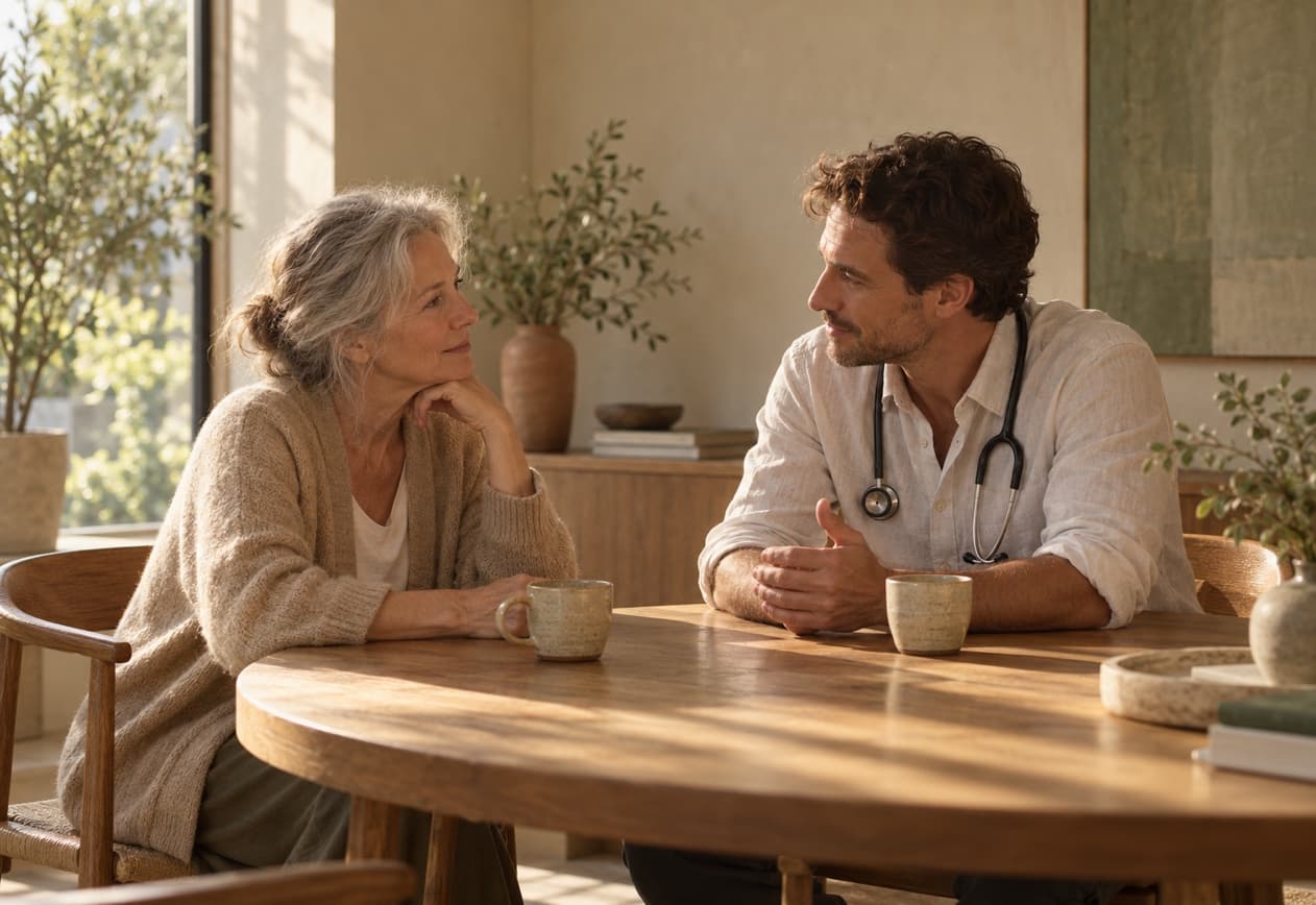 Doctor and patient talking across a wooden table